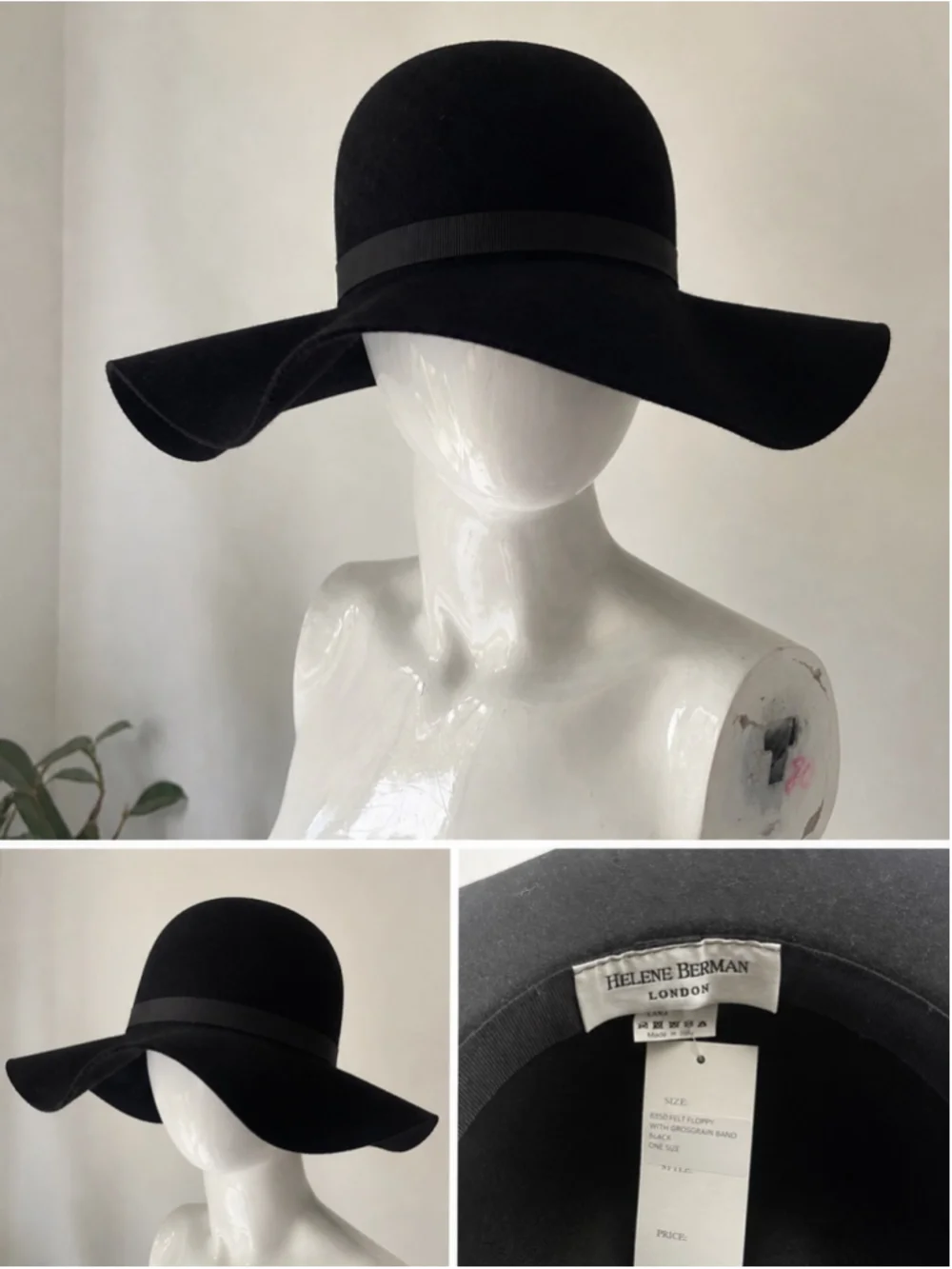 Helene Berman London Black Wool Felt Floppy Hat Wide Brim Designer